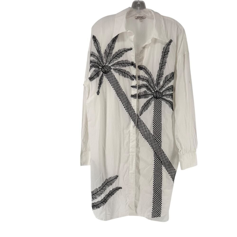 Badgley Mischka Cover Up Size L Embroidered White Long Sleeve Button Up Collared
